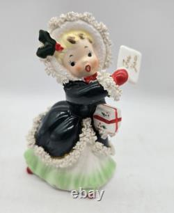 Vintage Napco Christmas Shopper Girl Postcard & Present Spaghetti Trim AX2750