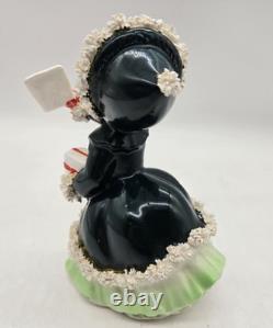 Vintage Napco Christmas Shopper Girl Postcard & Present Spaghetti Trim AX2750