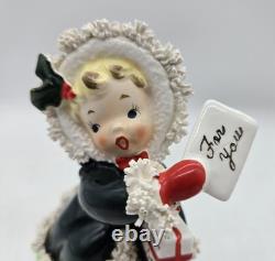 Vintage Napco Christmas Shopper Girl Postcard & Present Spaghetti Trim AX2750