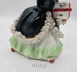 Vintage Napco Christmas Shopper Girl Postcard & Present Spaghetti Trim AX2750