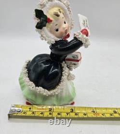Vintage Napco Christmas Shopper Girl Postcard & Present Spaghetti Trim AX2750
