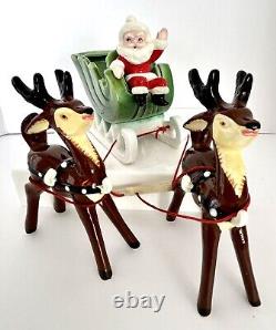 Vintage Napco Christmas Waving Santa Sleigh Two Prancing Reindeer Figurines