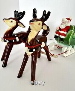 Vintage Napco Christmas Waving Santa Sleigh Two Prancing Reindeer Figurines