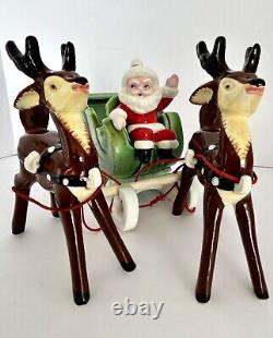 Vintage Napco Christmas Waving Santa Sleigh Two Prancing Reindeer Figurines