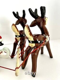 Vintage Napco Christmas Waving Santa Sleigh Two Prancing Reindeer Figurines