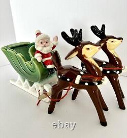 Vintage Napco Christmas Waving Santa Sleigh Two Prancing Reindeer Figurines