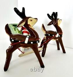 Vintage Napco Christmas Waving Santa Sleigh Two Prancing Reindeer Figurines