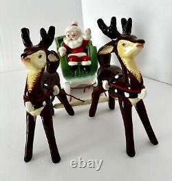 Vintage Napco Christmas Waving Santa Sleigh Two Prancing Reindeer Figurines