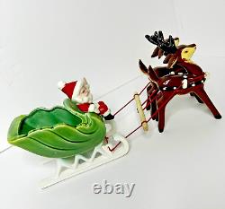 Vintage Napco Christmas Waving Santa Sleigh Two Prancing Reindeer Figurines