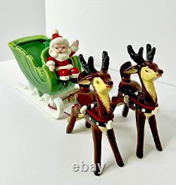 Vintage Napco Christmas Waving Santa Sleigh Two Prancing Reindeer Figurines