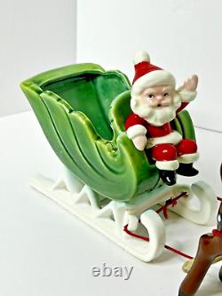 Vintage Napco Christmas Waving Santa Sleigh Two Prancing Reindeer Figurines