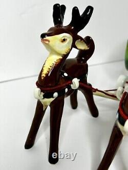 Vintage Napco Christmas Waving Santa Sleigh Two Prancing Reindeer Figurines