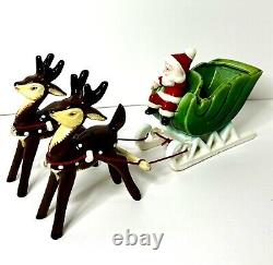 Vintage Napco Christmas Waving Santa Sleigh Two Prancing Reindeer Figurines