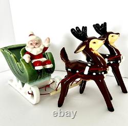 Vintage Napco Christmas Waving Santa Sleigh Two Prancing Reindeer Figurines