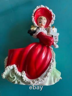 Vintage Napco Christmas shopper girl 6 spaghetti trim so cute! Rare vase