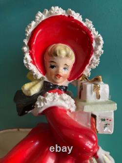 Vintage Napco Christmas shopper girl 6 spaghetti trim so cute! Rare vase