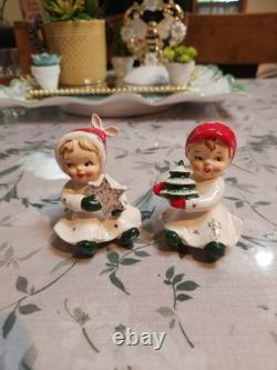 Vintage Napco Girl with Star & Boy with Tree Salt And Pepper 1959 Japan Christmas