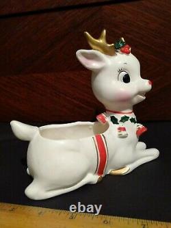 Vintage Napco Japan Holly Jingle Bell Reindeer Planter Christmas Figurine HTF