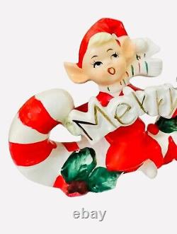Vintage Norcrest Christmas Pixie Elves on a Candy Cane Japan MCM 1950s Figurine