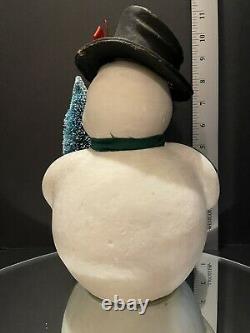 Vintage Paper Mache Pulp Snowman Candy Container Germany Holding Tree