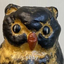 Vintage Rare Pulp Paper Mache Pre War Owl Signed Brown Green Yellow Halloween