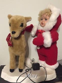 Vintage Rare Santa's Best Animated Christmas Girl Doll and Deer Red 21 x 17
