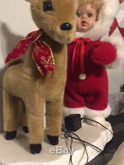 Vintage Rare Santa's Best Animated Christmas Girl Doll and Deer Red 21 x 17