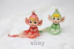Vintage Relco Japan Christmas Pixie Elves Sitting 5.5 Green and Pink Porcelain