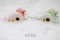 Vintage Relco Japan Christmas Pixie Elves Sitting 5.5 Green and Pink Porcelain