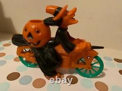 Vintage Rosbro Rosen Plastic Orange and Black Witch and Pumpkin on Motorcycle