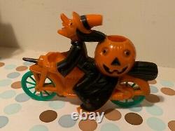 Vintage Rosbro Rosen Plastic Orange and Black Witch and Pumpkin on Motorcycle
