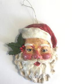 Vintage Santa Clause Painted Paper Mache 3D Face Head Wall Hanging St Nick Jolly