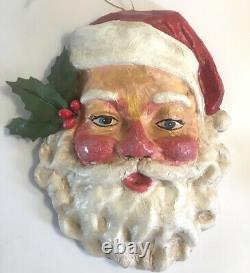 Vintage Santa Clause Painted Paper Mache 3D Face Head Wall Hanging St Nick Jolly