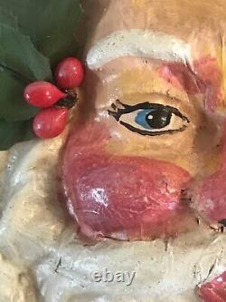 Vintage Santa Clause Painted Paper Mache 3D Face Head Wall Hanging St Nick Jolly