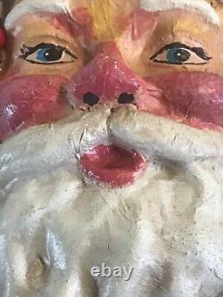 Vintage Santa Clause Painted Paper Mache 3D Face Head Wall Hanging St Nick Jolly