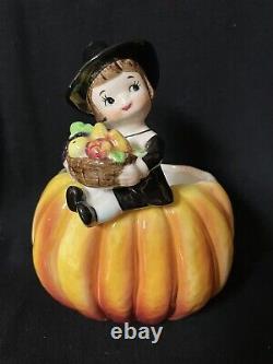 Vintage Thanksgiving Samson Import Pilgrim Pumpkin Relpo Planter Japan Boy 1960