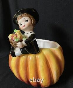 Vintage Thanksgiving Samson Import Pilgrim Pumpkin Relpo Planter Japan Boy 1960