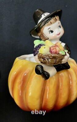 Vintage Thanksgiving Samson Import Pilgrim Pumpkin Relpo Planter Japan Boy 1960