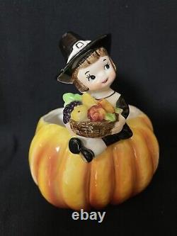 Vintage Thanksgiving Samson Import Pilgrim Pumpkin Relpo Planter Japan Boy 1960