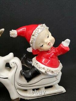 Vintage Ucagco Christmas Santa Girl On Sled With Reindeer Figurine Japan