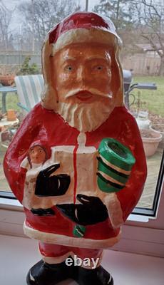 Vintage paper mache Santa Claus 18 tall, standing, red suit, flat backside