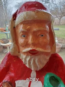 Vintage paper mache Santa Claus 18 tall, standing, red suit, flat backside