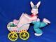 Vtg 1950's Large Rosbro Easter Candy Container Running Bunny W Baby Carriage