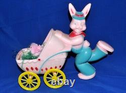 Vtg 1950's Large Rosbro Easter Candy Container Running Bunny W Baby Carriage