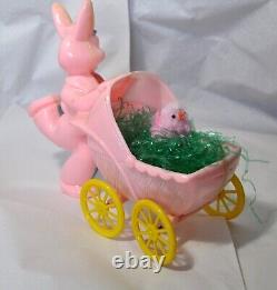 Vtg 1950's Large Rosbro Easter Candy Container Running Bunny W Baby Carriage