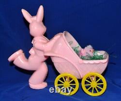 Vtg 1950's Large Rosbro Easter Candy Container Running Bunny W Baby Carriage