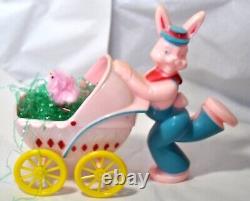 Vtg 1950's Large Rosbro Easter Candy Container Running Bunny W Baby Carriage