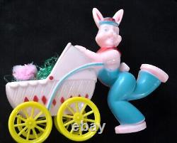 Vtg 1950's Large Rosbro Easter Candy Container Running Bunny W Baby Carriage