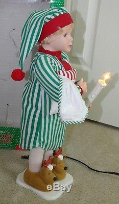 Vtg Animated Lighted Pajama Boy Reindeer Slippers Pillow Blanket Christmas Doll