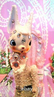 Vtg Christmas SUGARED SALT GLAZED Fawn Deer W RHINESTONE FACE GOLD BELL JAPAN